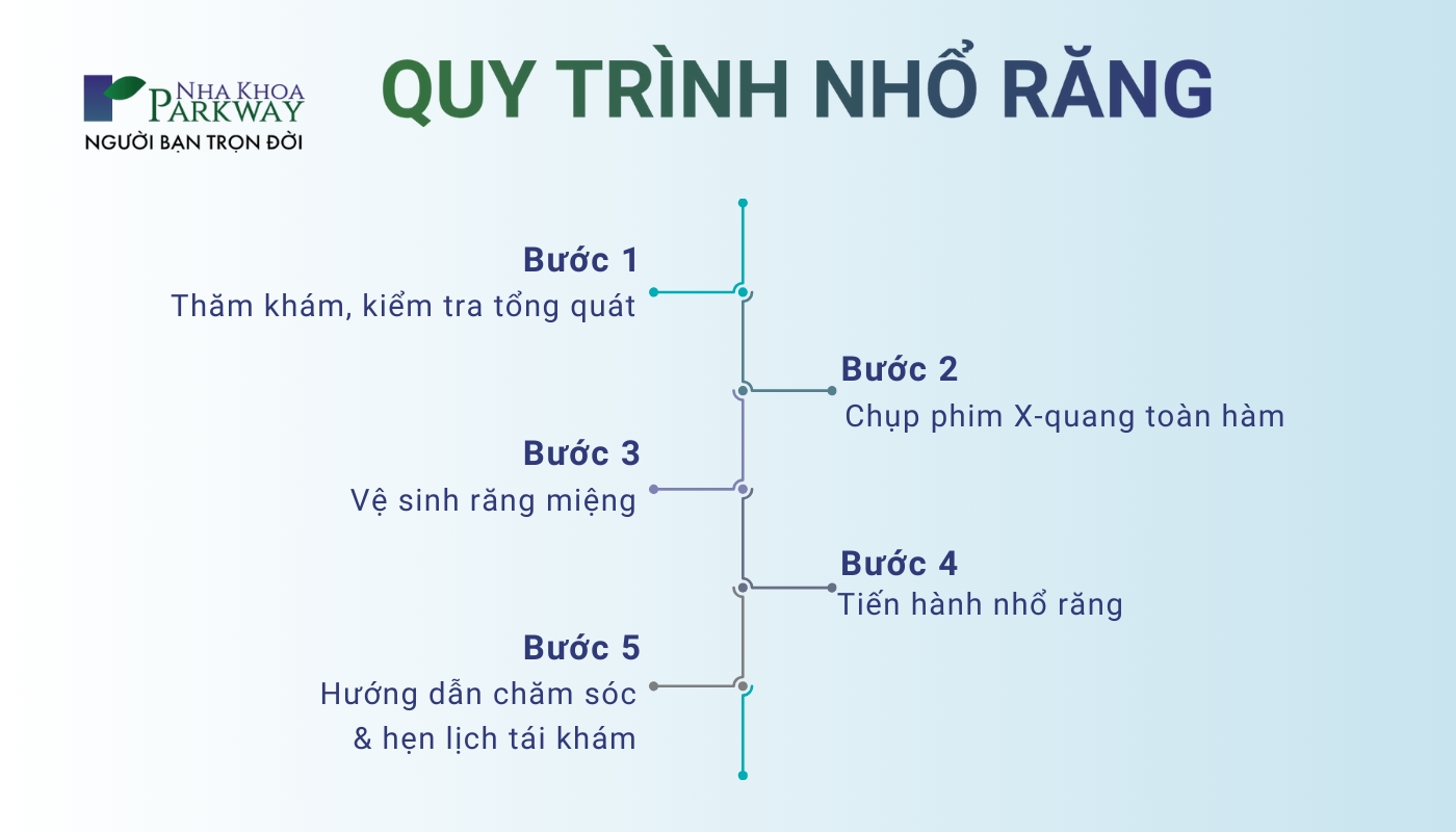 Quy trình nhổ răng: Thăm khám & kiểm tra tổng quát, chụp X-quang răng toàn hàm, vệ sinh răng miệng, tiến hành nhổ răng, hướng dẫn chăm sóc & hẹn lịch tái khám